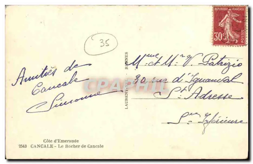 Cancale — Skalista Cancale — wydawca Laurent-Nel, n°2543 - Rewers