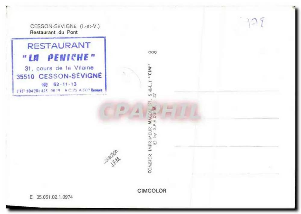 Restaurante do Pont — Cesson-Sévigné — Impressor CIM — n° 35.051.02.1.0974 - Verso
