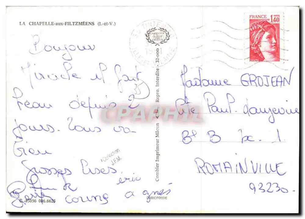 La Chapelle-aux-Filtzméens — vista da prefeitura, do canal, da rua e da igreja — Comblain Imprimeur J.E.M. - Verso
