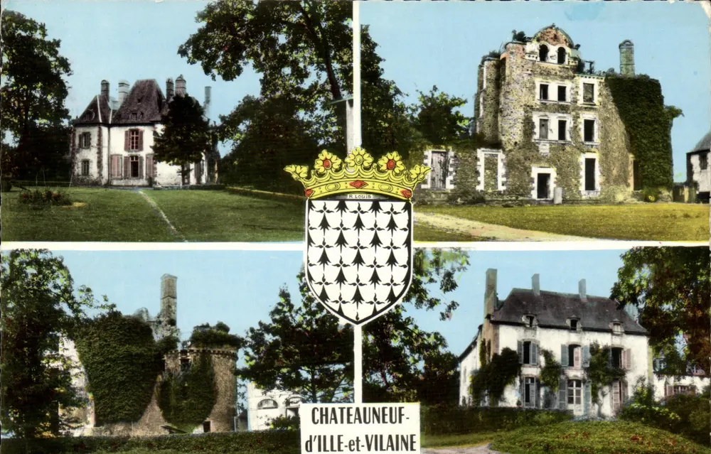 Châteauneuf-d'Ille-et-Vilaine — vista composta de edifícios e brasão — Impressor Combier - Frente