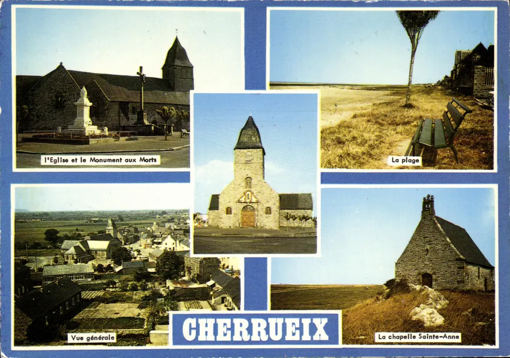 Cherrueix — Vista geral, igreja, monumento aos mortos, praia, capela Santa Ana — Editores Pierre Artaud & Cie, Saint-Herblain - Frente