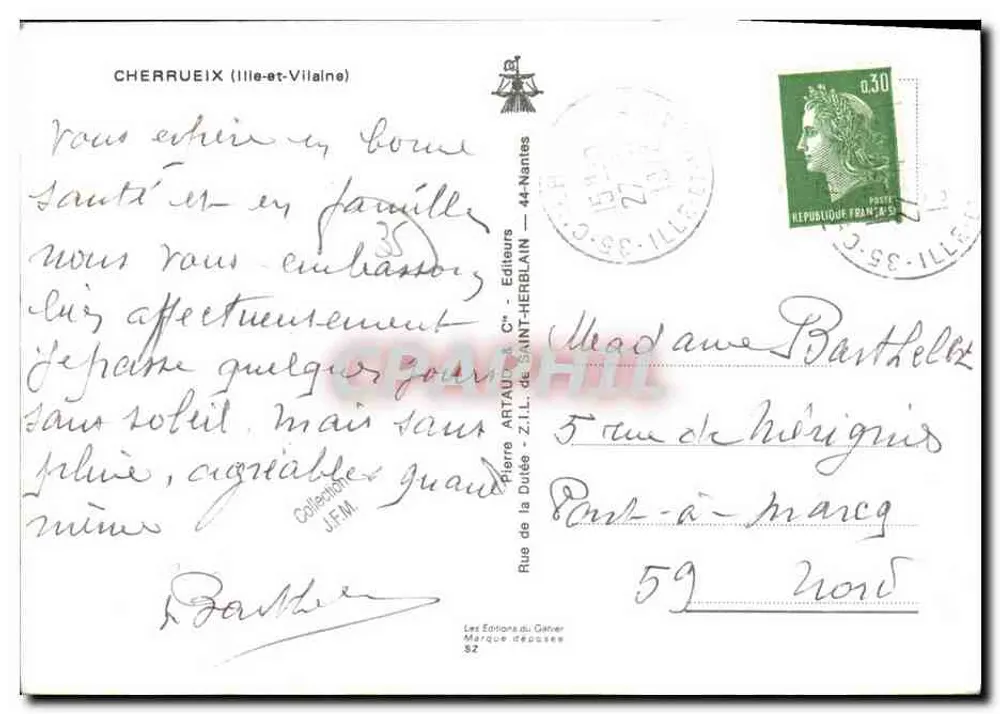 Cherrueix — Vista geral, igreja, monumento aos mortos, praia, capela Santa Ana — Editores Pierre Artaud & Cie, Saint-Herblain - Verso