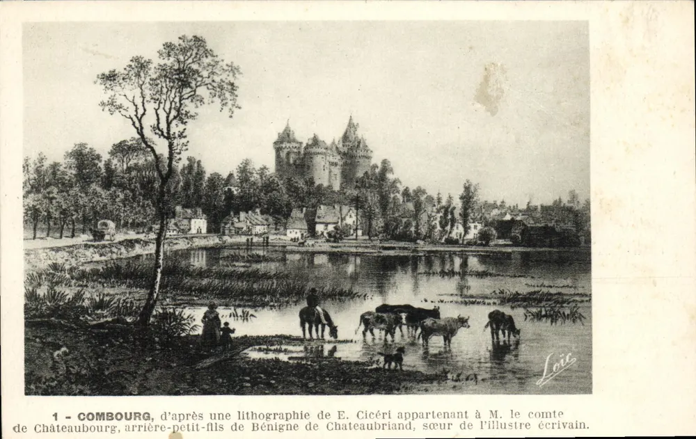 Combourg — vista do castelo e do lago — litografia de E. Cicéri, propriedade do conde de Châteaubourg - Frente