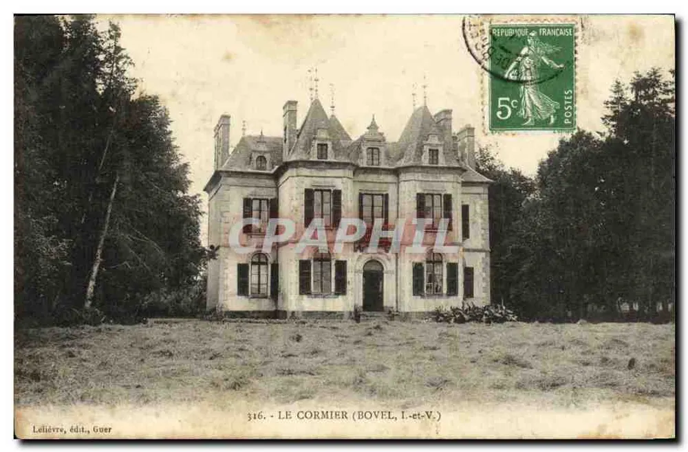 Le Cormier (Bovel, I.-et-V.) — castelo com telhados de ardósia e persianas pretas — Lelièvre, editor, Guer - Frente
