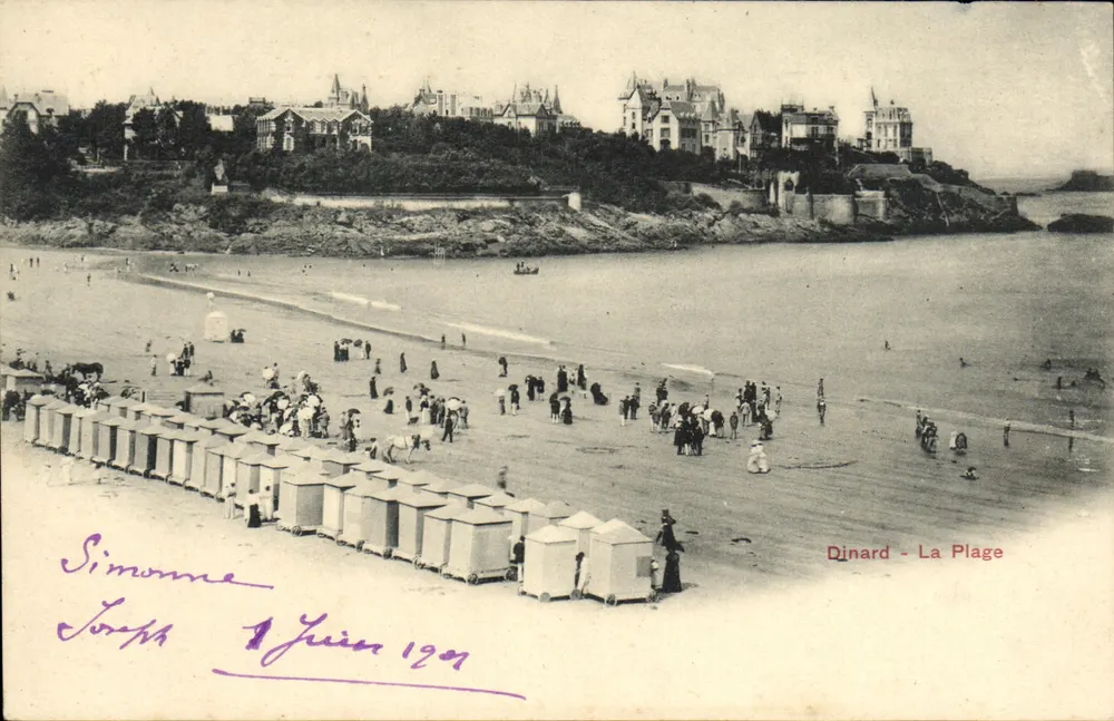 Dinard - A Praia — vista da praia com cabines e passeantes — editor não identificado, número de série não visível - Frente