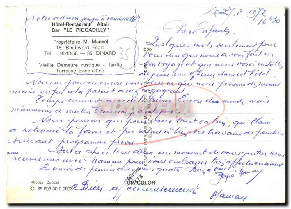 Hotel-Restaurante ALTÄIR — Dinard — editor Piccardil - Verso