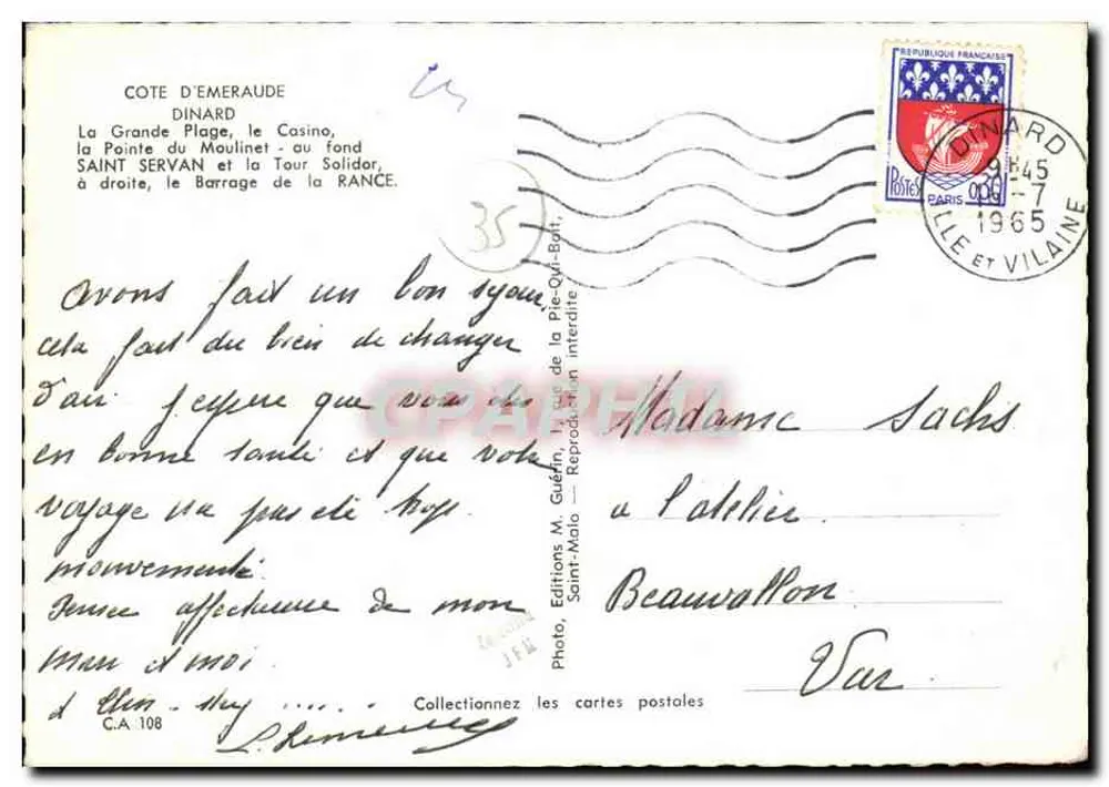Saint-Servan — Barragem da Usina Marémotriz da Rance — Editor Emgé, n° C.A. 108 - Verso