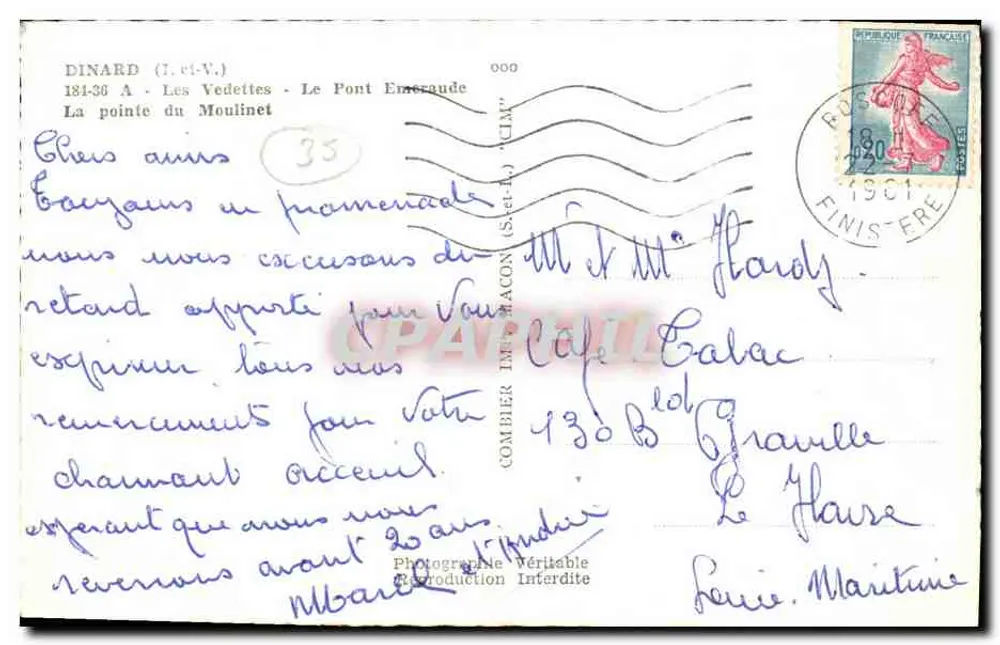 Dinard — Die Vedettes — Die Smaragdbrücke — Fotograf Combier Drucker - Rückseite