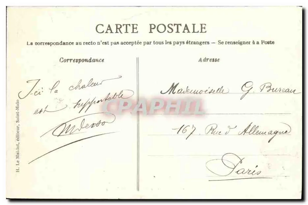Dinard - A Praia e a Malouine — H. Le Mariot, editor, n° 1404 - Verso
