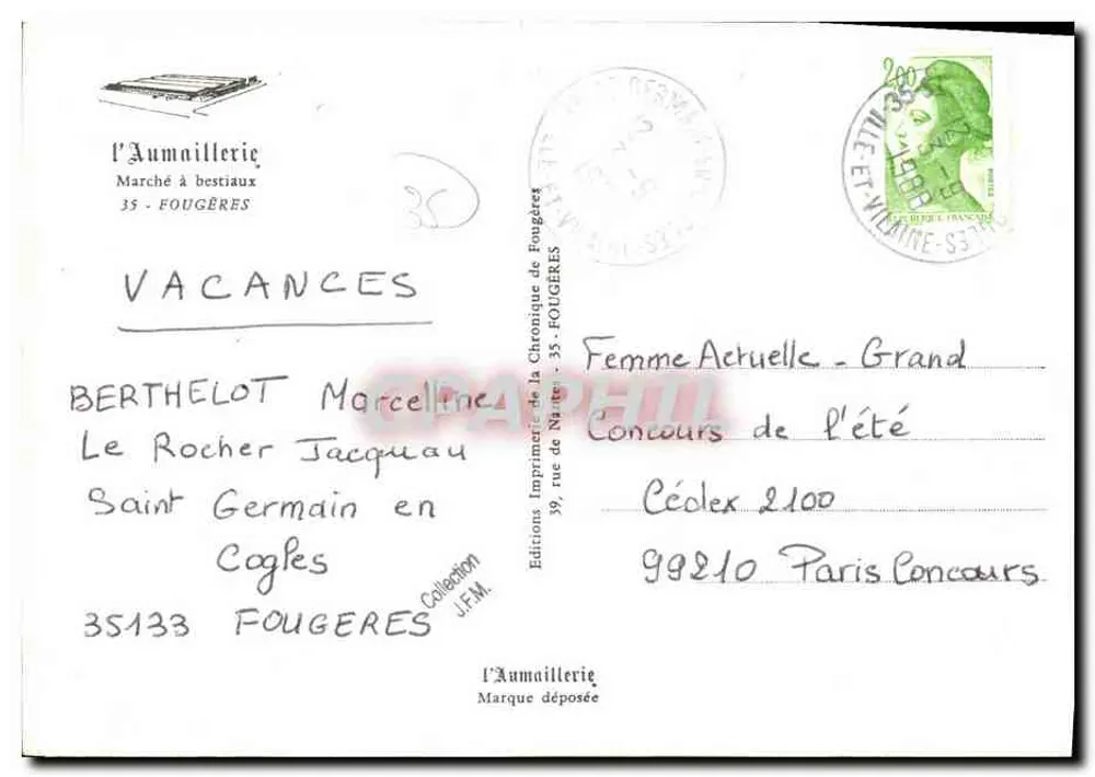 L'Aumailierie — Bar-Restaurant — Imprimerie de la Chronique de Fougères - Rückseite