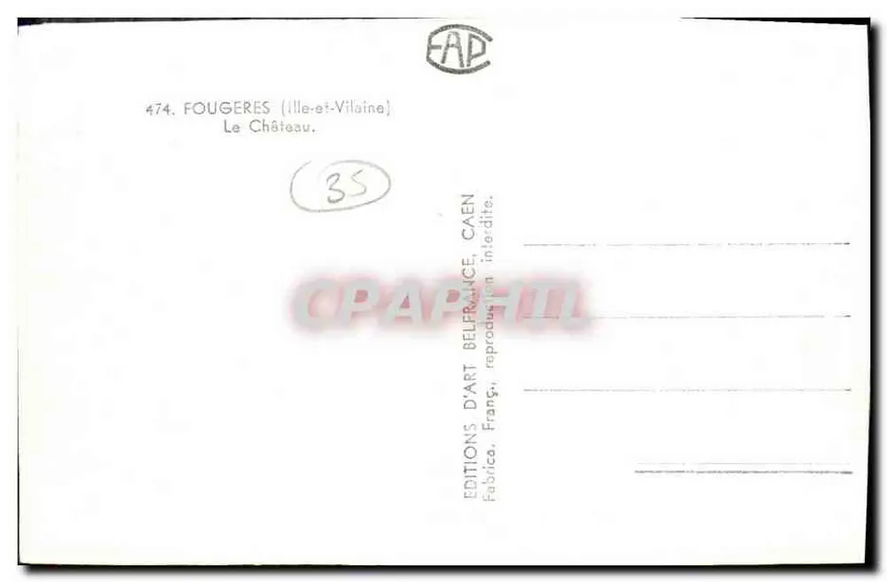 Fougeres — Château fort avec deux tours rondes — Éditions d'Art Belfrance, Caen, n°474 - Verso