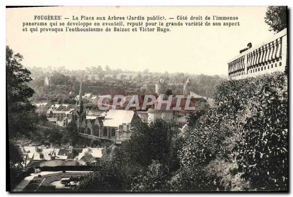 Fougères — Der Platz der Bäume (Öffentlicher Garten) — Die rechte Seite des riesigen Panoramas, das für seine große Vielfalt bekannt ist und die Begeisterung von Balzac und Victor Hugo auslöste. - Vorderseite