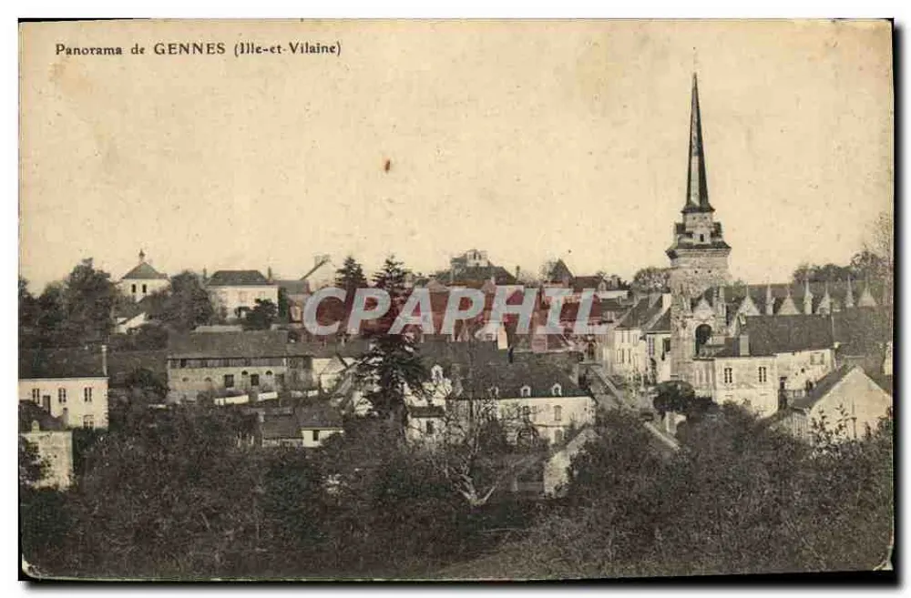 Panorama de GENNES (Ille-et-Vilaine) — vue sur la ville avec église à clocher pointu — éditeur imprimeur non visible - Frente