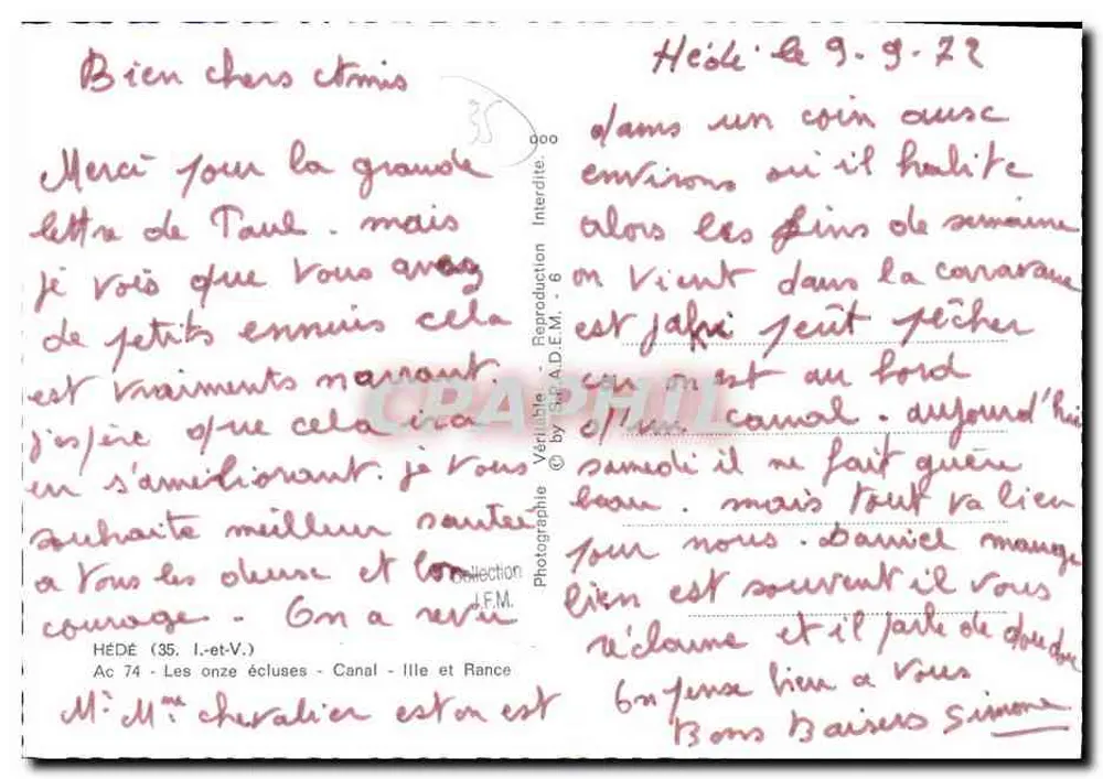Hédé — As onze comportas — Canal da Rance — J.F.M. - Verso