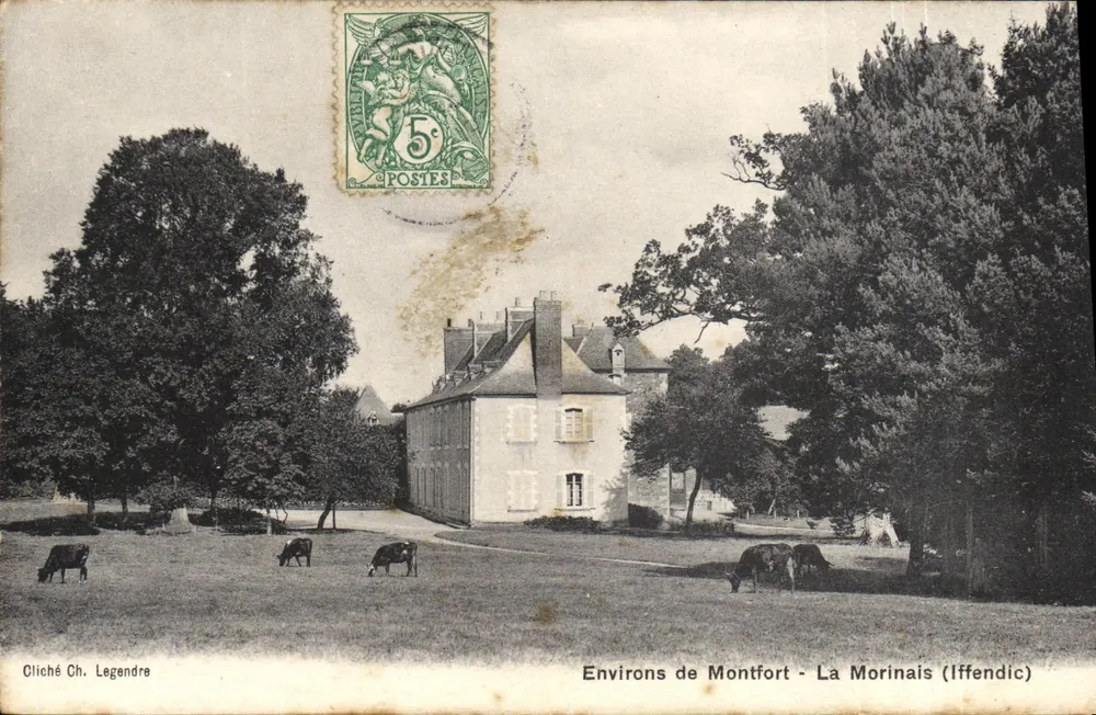 Environs de Montfort - La Morinais (Iffendic) — maison avec vaches paissant, éditeur Cliché Ch. Legendre - Frente