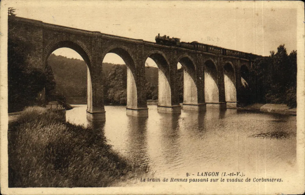 Langon (I.-et-V.) — Der Zug von Rennes, der über den Viadukt von Corbnières fährt — Edition G. Artaud, Nantes, Nr. 9 - Vorderseite