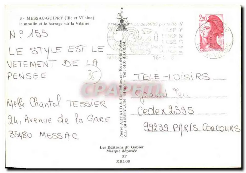 Messac-Guipry — Mühle und Staudamm am Vilaine — Les Éditions du Gabier, Nr. 155 - Rückseite