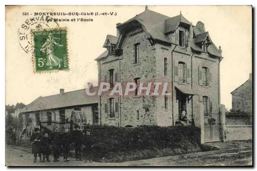 Montreuil-sur-Illue (I.-et-V.) — Die Rathaus und die Schule — P. Mary, Roussellière, Verlag, Frankreich - Vorderseite