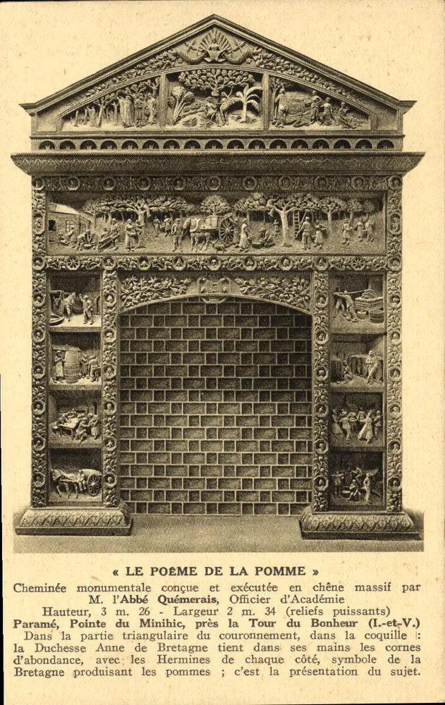 Monumentale Kamin « Le Poème de la Pomme » — aus massivem Eichenholz von M. l'Abbé Quémerais, Offizier der Akademie — Pointe du Minihic, nahe der Tour du Bonheur (I.-et-V.) - Vorderseite