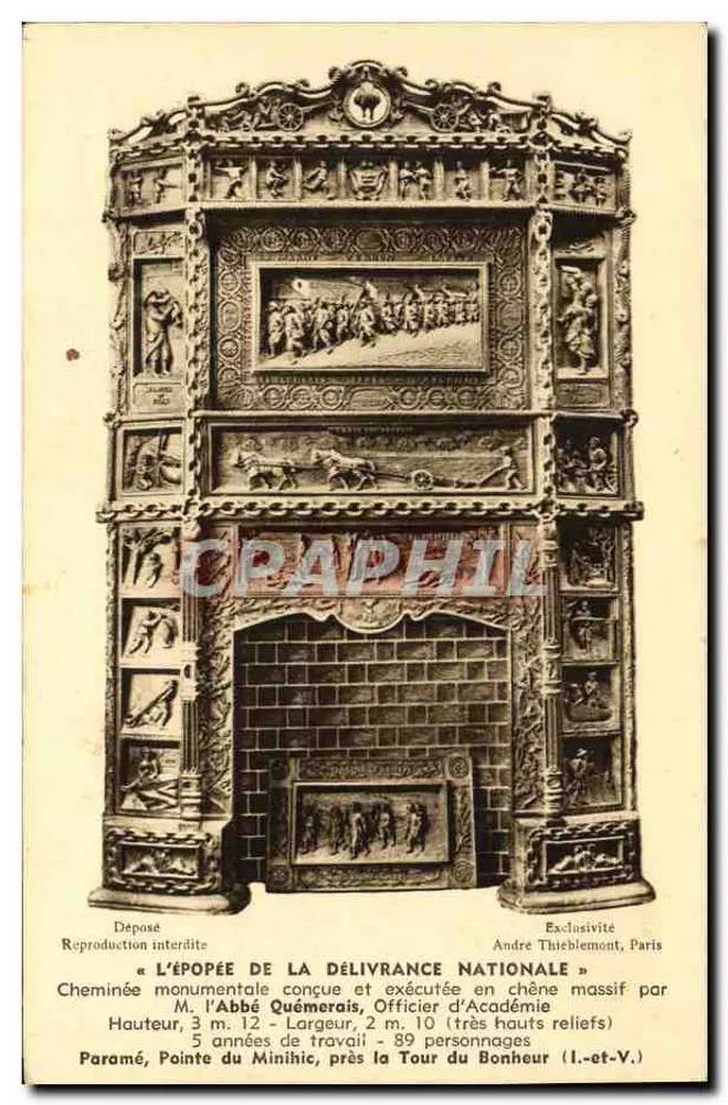 Monumentale Kamin « Die Epopöe der nationalen Befreiung » — entworfen und ausgeführt aus massivem Eichenholz von Abbé Quémérail, Paris - Vorderseite