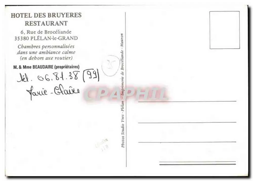 Hôtel des Bruyères — Plélan-le-Grand — Verlag Photos Studio Yves - Plélan - Rückseite