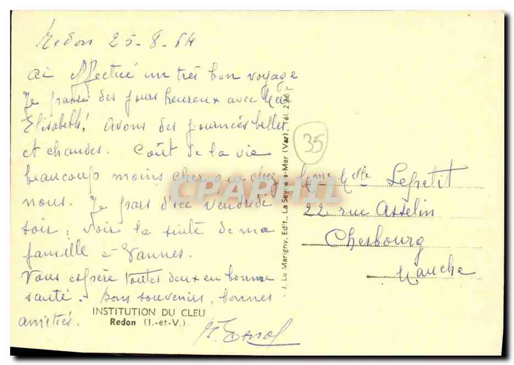 Institution du Cleu — Redon (Ille-et-Vilaine) — J. Lo Marigny, Edit. La Sèvre (Véracres) - Rückseite