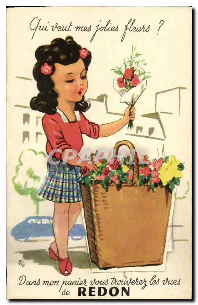 Mädchen mit Blumenkorb — Werbung für Blumen aus Redon — Éditions André Léconte - Vorderseite