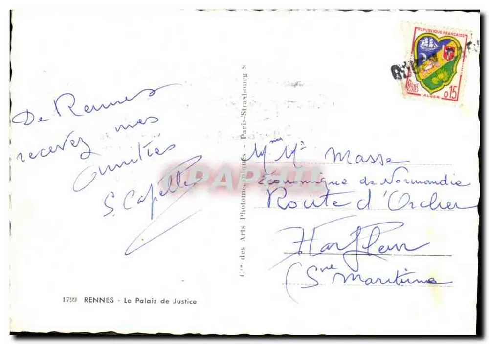 Rennes - O Palácio de Justiça — editor C.° das Artes Fotomecânicas - Paris-Strasbourg 8 - Verso