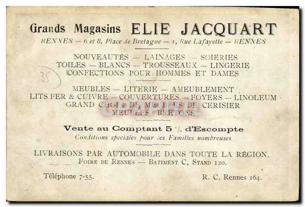 Rennes - Magasins Elie Jacquart — éditeur R.C. 164, imprimé sur la carte - Rückseite