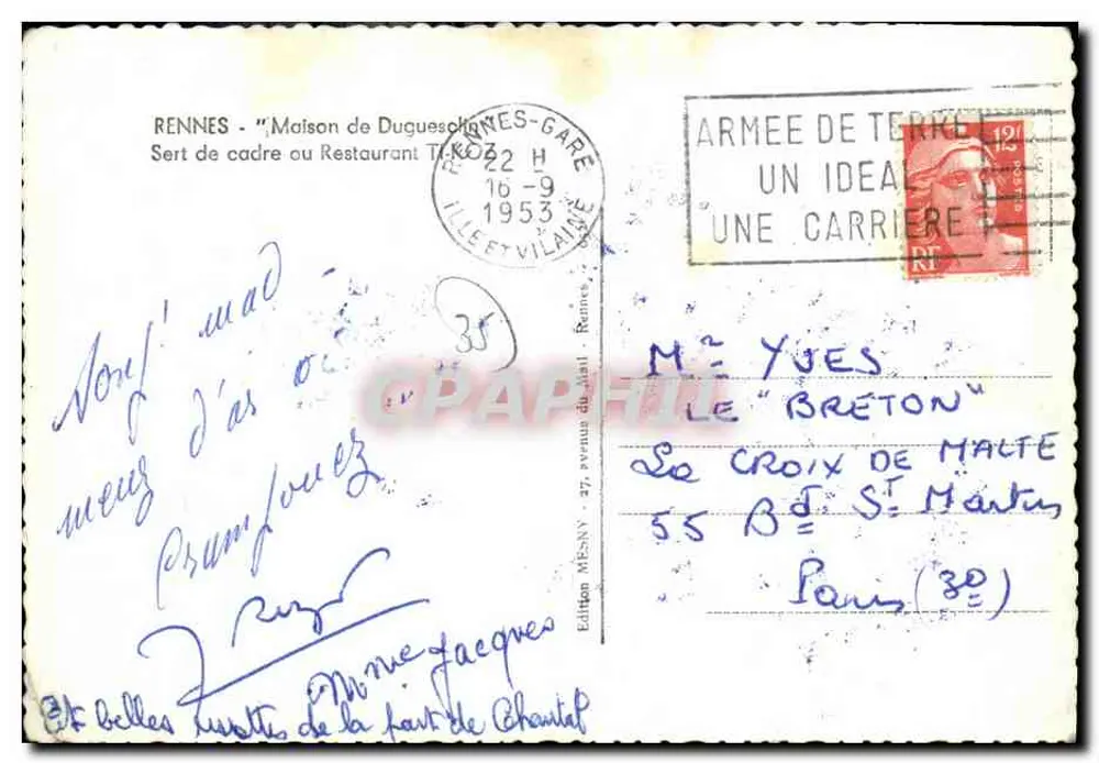 Innenansicht eines Restaurants in Rennes — Sert de cadre oder Restaurant T. Duguesclin — Édition MESNY - Rückseite
