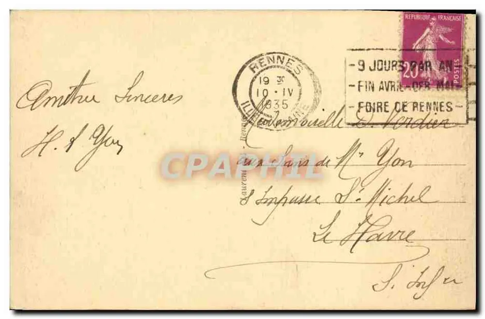 Rennes - A Catedral — editor anônimo, n° de série 4434 - Verso