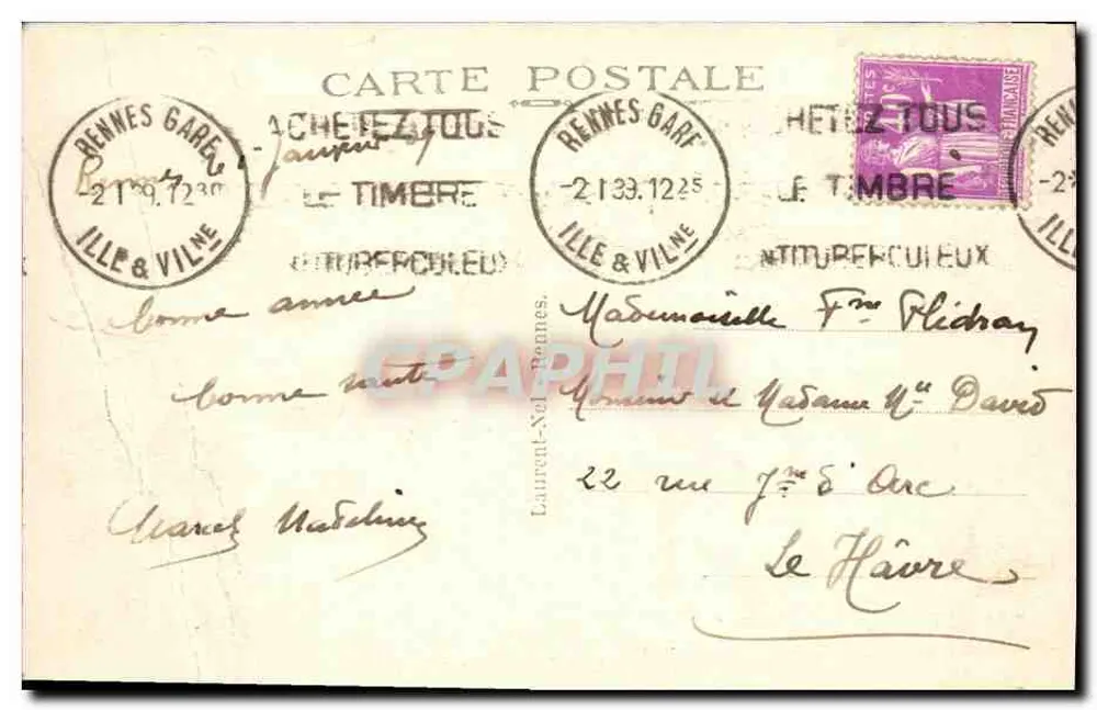 Rennes - Die Gärten an der Vilaine — Ansicht der Gebäude und des Parks am Ufer des Flusses, Verlag 'Laurent-Nel-Rennes', n° 512 - Rückseite