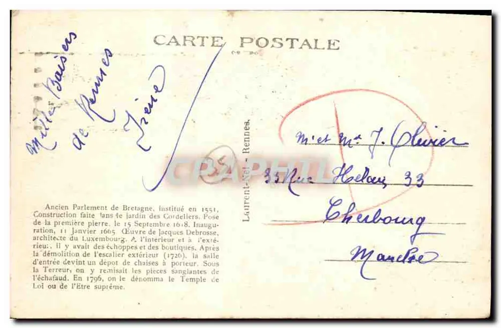 Rennes — Palácio de Justiça (Monumento Histórico) — Bilhete postal antigo n°1511 - Verso