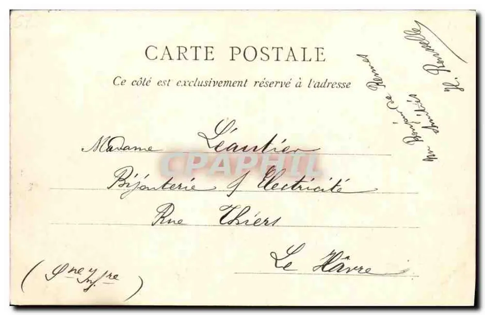 Rennes — O Hotel de Ville G.F. — Editor E. Mary-Rousseillère, n° 1021 bis - Verso