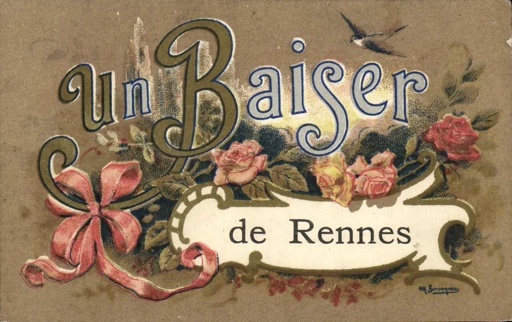 Um Beijo de Rennes — cartão postal decorativo com rosas e pássaro — M. Berongeau - Frente