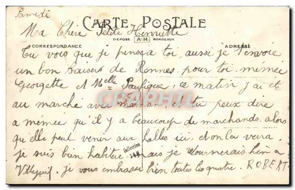 Um Beijo de Rennes — cartão postal decorativo com rosas e pássaro — M. Berongeau - Verso
