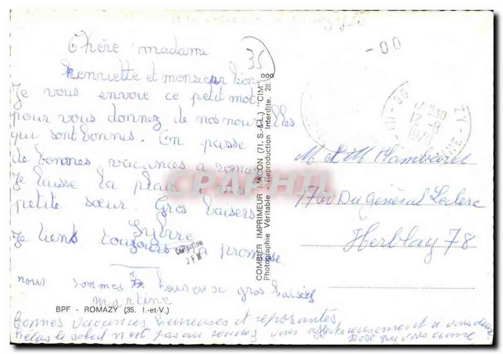 Romazyp — vue panoramique et église — éditeur COMBIEUR IMPRIMEUR (35, Ille-et-Vilaine) - Verso