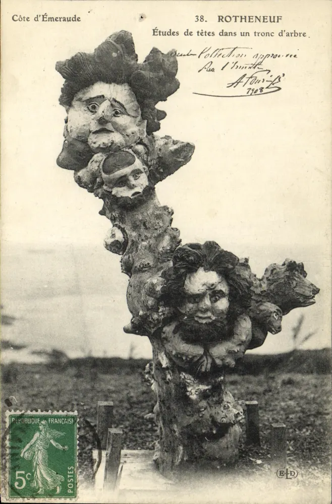 Études de têtes dans un tronc d'arbre — sculpture de Rotheneuf — éditeur E.P. (impression sur la carte) - Vorderseite