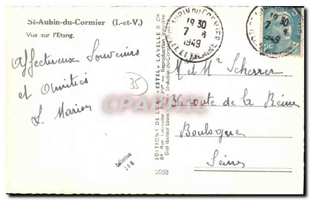 St-Aubin-du-Cormier — Vista sobre o Lago — Edições de Luxo Lavelle & Cia - Verso
