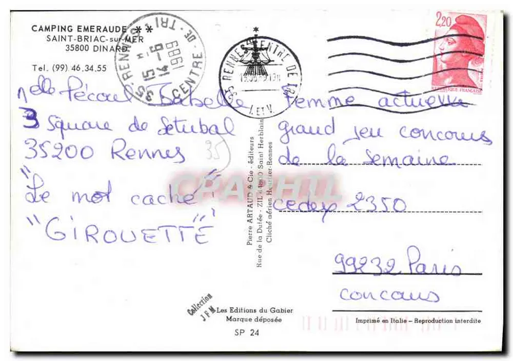 Camping Émeraude — Saint-Briac-sur-Mer — Wydawca: Les Éditions du Gabier, SP 24 - Rewers
