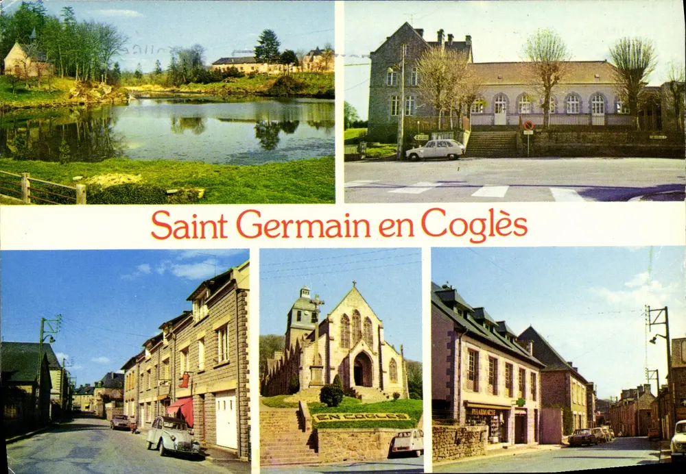 सेंट जर्मेन एन कॉग्लेस — नदी, दवाखाना, चर्च और सड़कों का दृश्य — प्रकाशक कॉम्बिटियर प्रिंटर मैकॉन - आगे