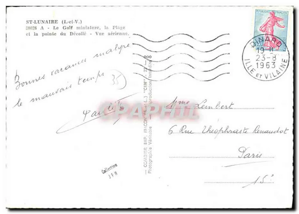 Saint-Lunaire (I.-et-V.) — Der Miniatur-Golf, die Strände und die Pointe du Décollé — Luftaufnahme — Verlag: COMDIER IMP. MACCON (S.A.L.) - Rückseite