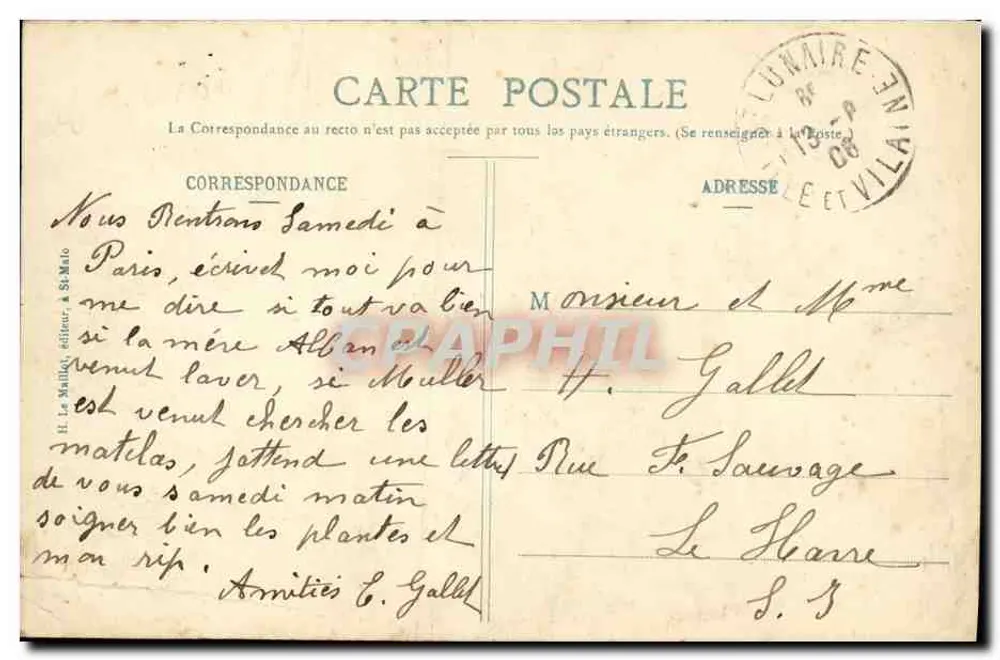 St-Lunaire - Le Décollé — vue du phare et du promontoire rocheux avec éditeur H. Le Maillot - Verso