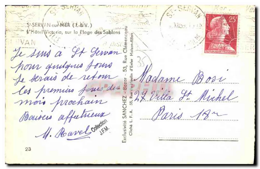 Saint-Servan-sur-Mer — Hotel Victoria, Sablons-Strand — Verlag: Sanchéz - Rückseite