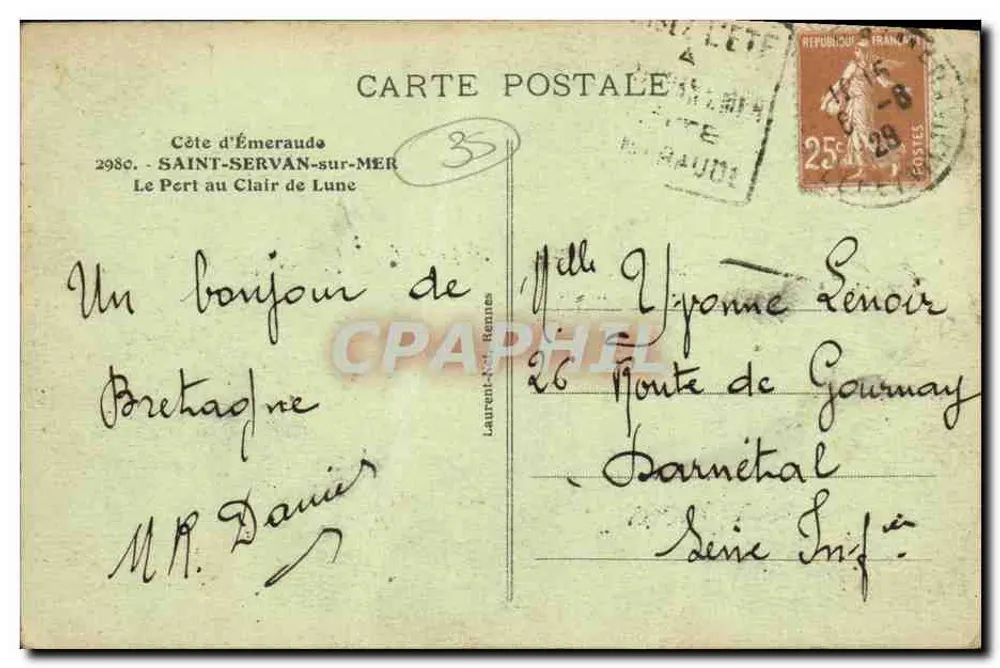 Saint-Servan-sur-Mer — Le Pert au Clair de Lune — Côte d'Émeraude, unbekannter Verlag, Nr. 35 - Rückseite