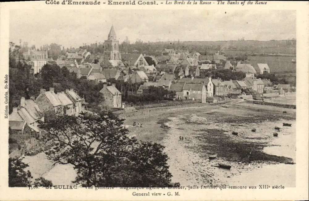 St SULIAC — Vista geral — magnífica Igreja e Torre, outrora fortificada, data do século XIII — Edição Guérin, St-Malo - Frente