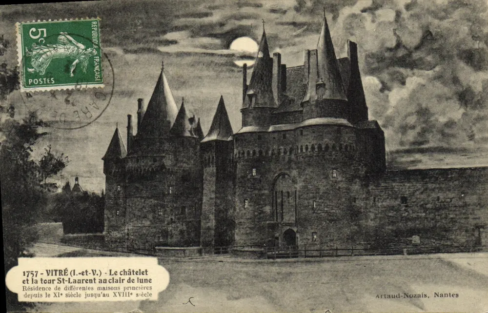 Vitré (Ille-et-Vilaine) - Das Torhaus und die Turm Saint-Laurent bei Mondlicht — Artaud-Nozais, Nantes - Vorderseite