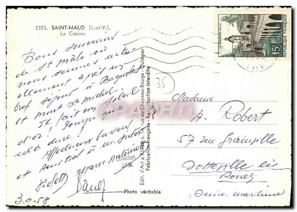 O Casino de Saint-Malo — Saint-Malo (Il-et-V.) — Edição d'Art & Realização J.F.M. - Verso