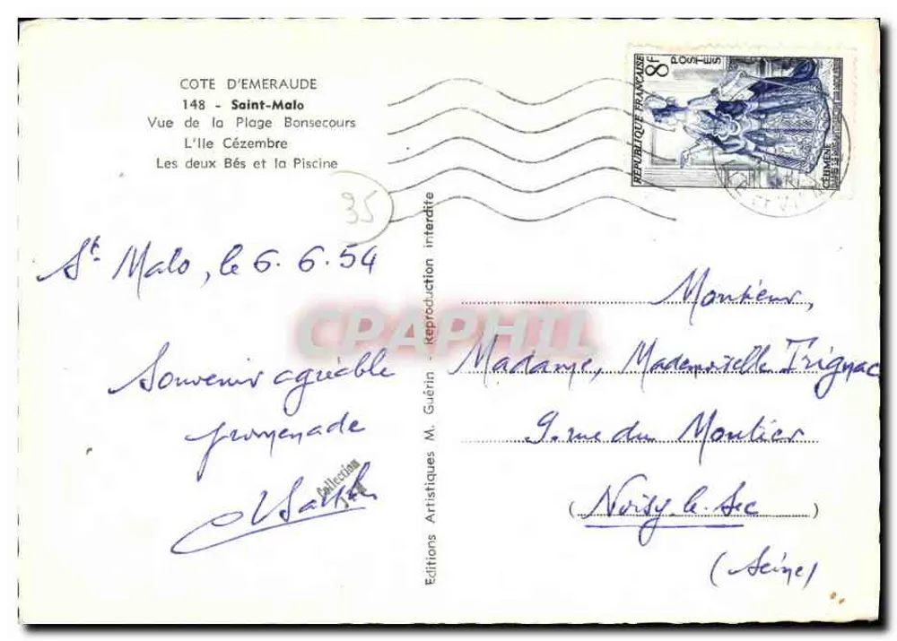 Praia Bonsecours — Emgé — Edições Artísticas M. Guérin, n°148 - Verso