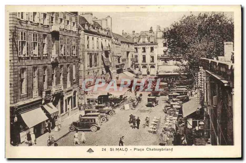 St-Malo - Piazza Chateaubriand — vista di mercato con automobili d'epoca — editore A. G. (n° 24) - Recto